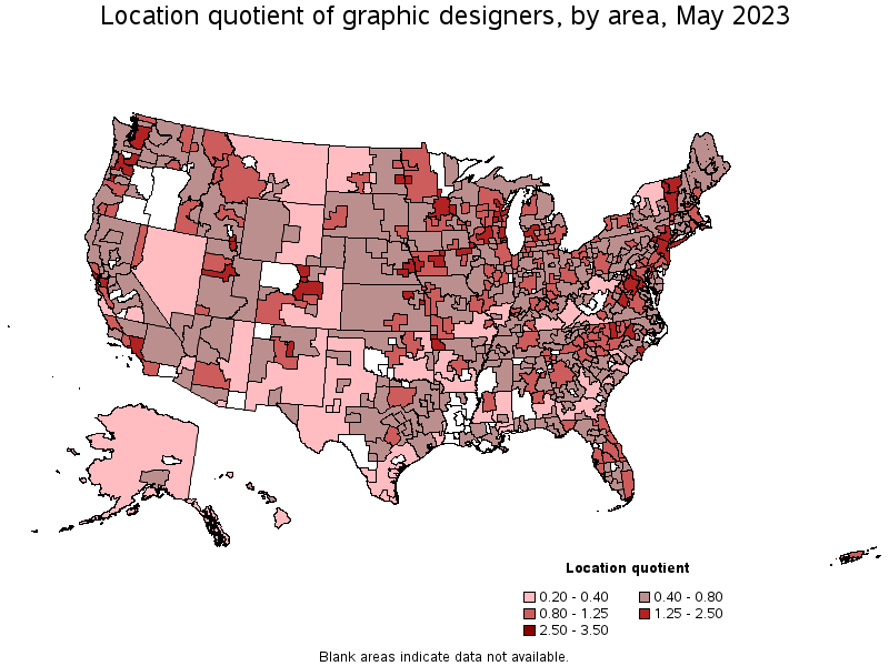 Map of location quotient of graphic designers by area, May 2021