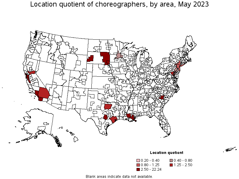 Map of location quotient of choreographers by area, May 2022