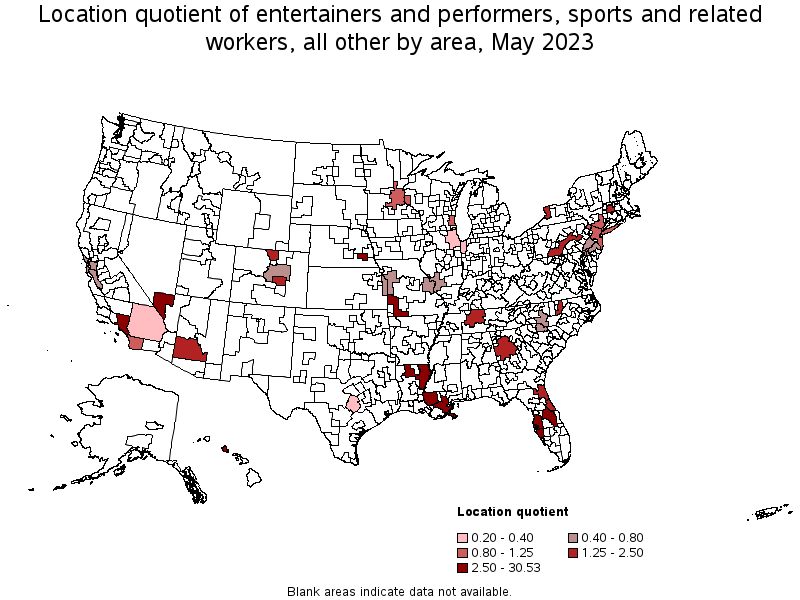 Map of location quotient of entertainers and performers, sports and related workers, all other by area, May 2021