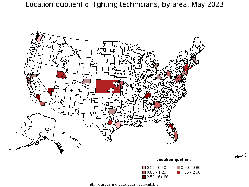 Map of location quotient of lighting technicians by area, May 2022
