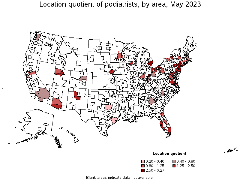 Map of location quotient of podiatrists by area, May 2022