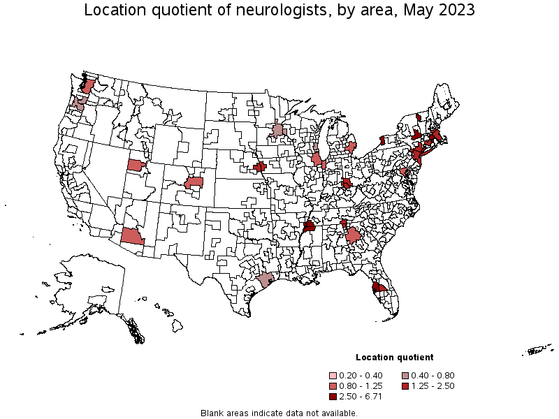Map of location quotient of neurologists by area, May 2022