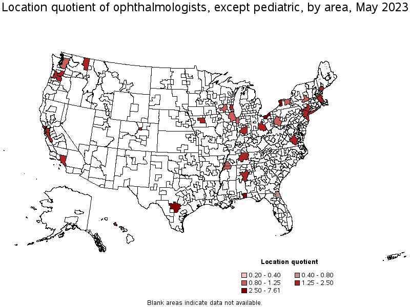 Map of location quotient of ophthalmologists, except pediatric by area, May 2022