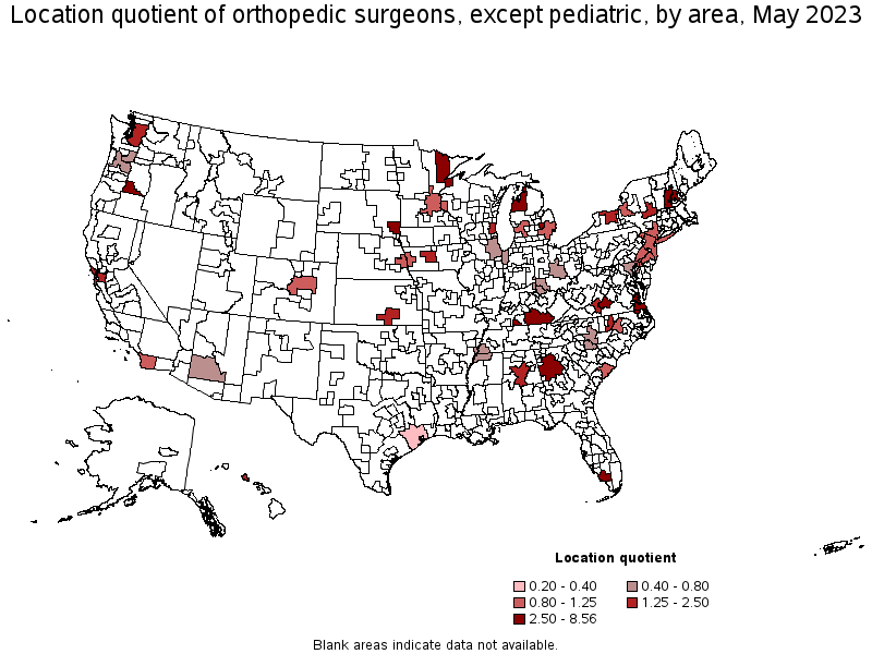 Map of location quotient of orthopedic surgeons, except pediatric by area, May 2022