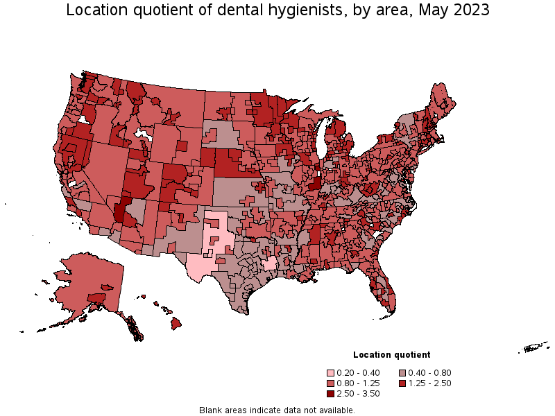 Map of location quotient of dental hygienists by area, May 2021