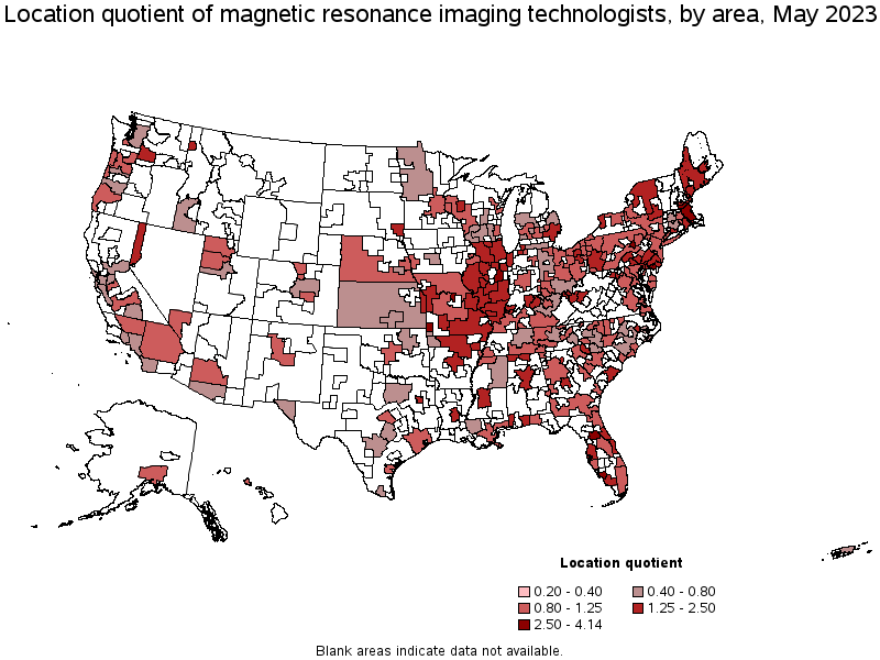 Map of location quotient of magnetic resonance imaging technologists by area, May 2022