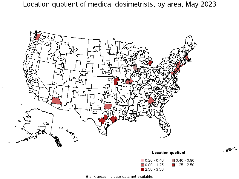 Map of location quotient of medical dosimetrists by area, May 2021