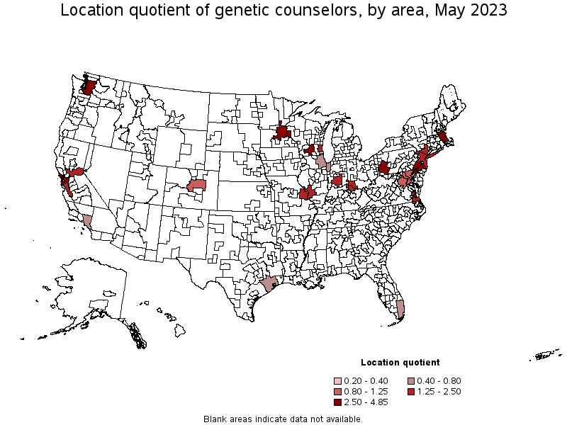 Map of location quotient of genetic counselors by area, May 2021