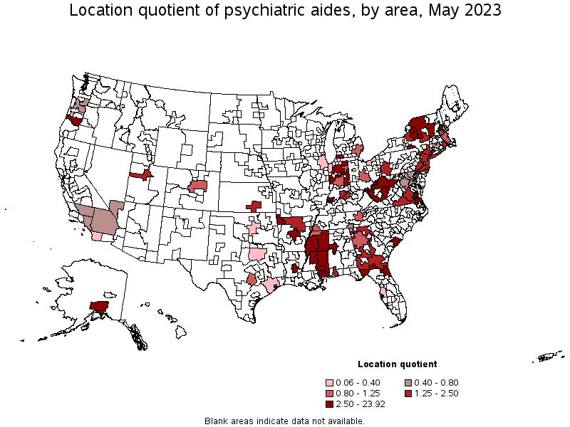 Map of location quotient of psychiatric aides by area, May 2023