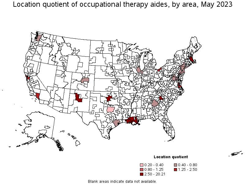 Map of location quotient of occupational therapy aides by area, May 2022
