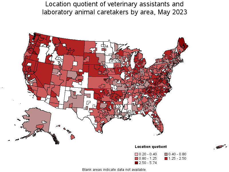 Map of location quotient of veterinary assistants and laboratory animal caretakers by area, May 2022