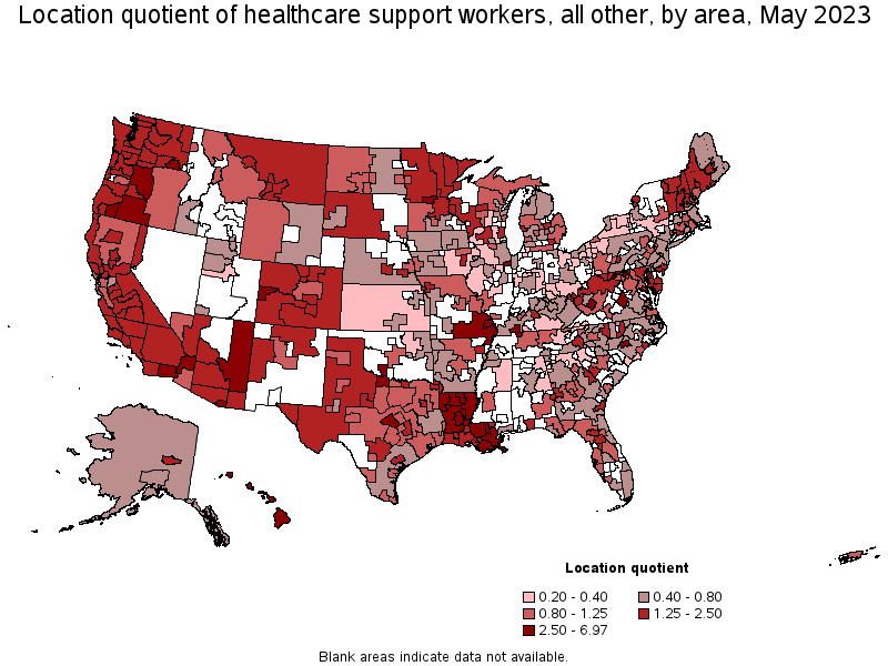 Map of location quotient of healthcare support workers, all other by area, May 2022