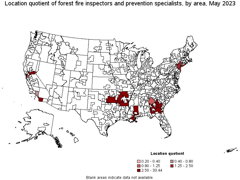 Map of location quotient of forest fire inspectors and prevention specialists by area, May 2021