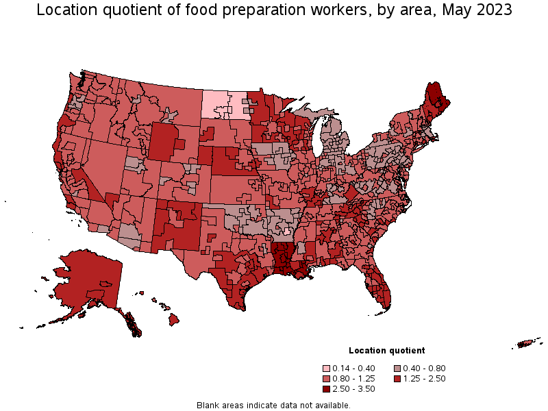 Map of location quotient of food preparation workers by area, May 2022