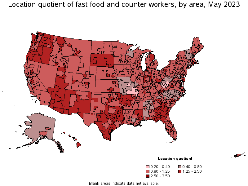 Map of location quotient of fast food and counter workers by area, May 2021