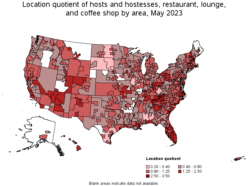 Map of location quotient of hosts and hostesses, restaurant, lounge, and coffee shop by area, May 2021