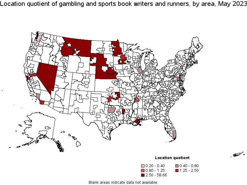 Map of location quotient of gambling and sports book writers and runners by area, May 2021