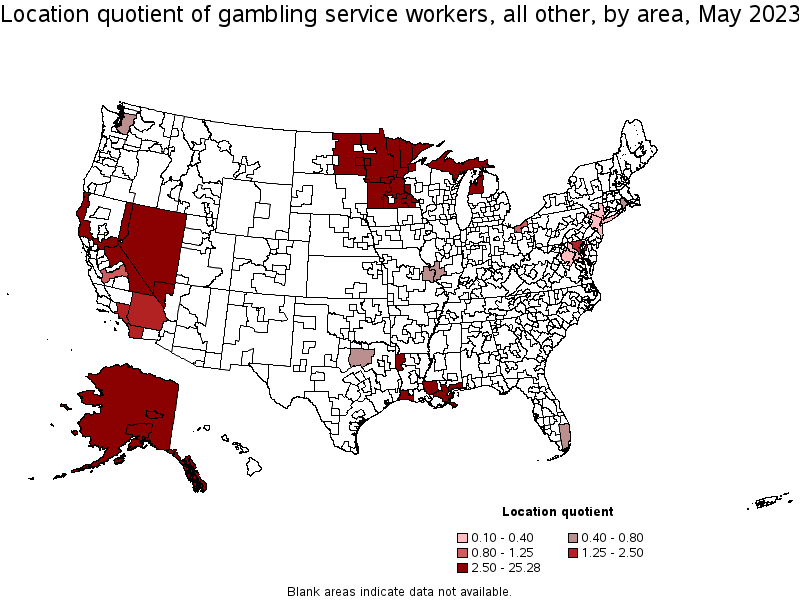 Map of location quotient of gambling service workers, all other by area, May 2022
