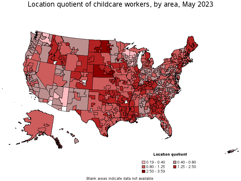 Map of location quotient of childcare workers by area, May 2022