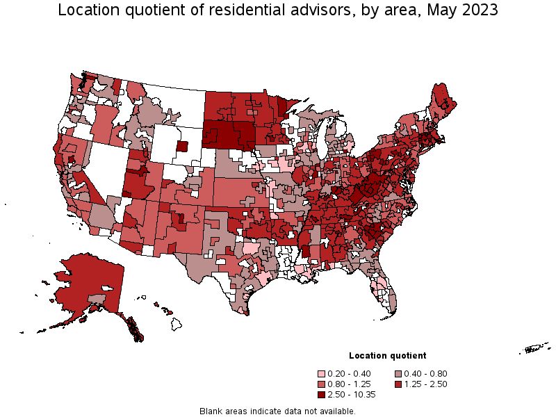 Map of location quotient of residential advisors by area, May 2021