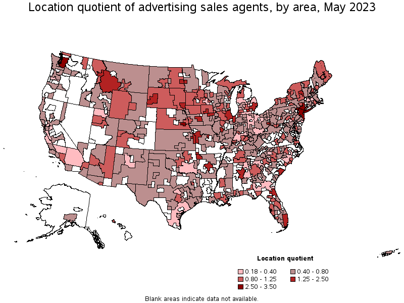 Map of location quotient of advertising sales agents by area, May 2022