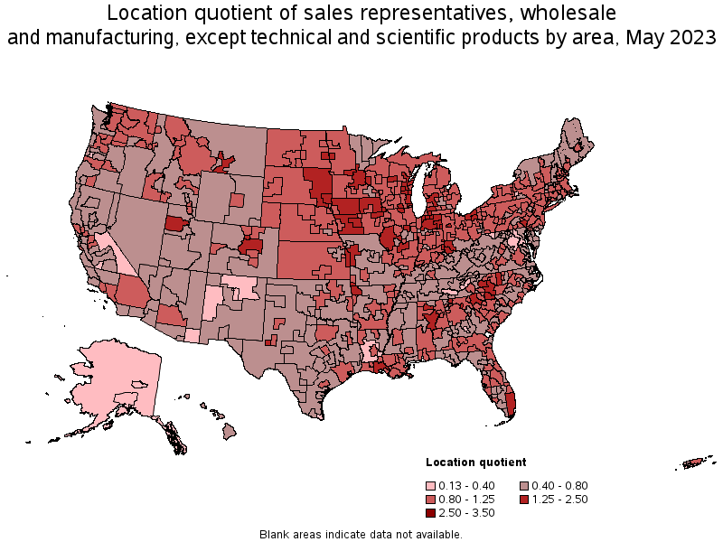 Map of location quotient of sales representatives, wholesale and manufacturing, except technical and scientific products by area, May 2022