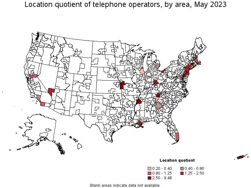 Map of location quotient of telephone operators by area, May 2023