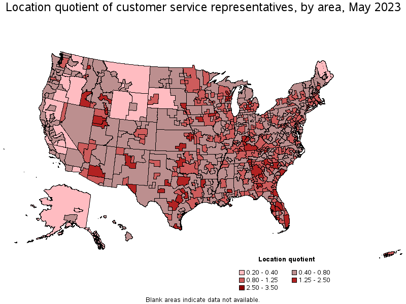 Map of location quotient of customer service representatives by area, May 2022