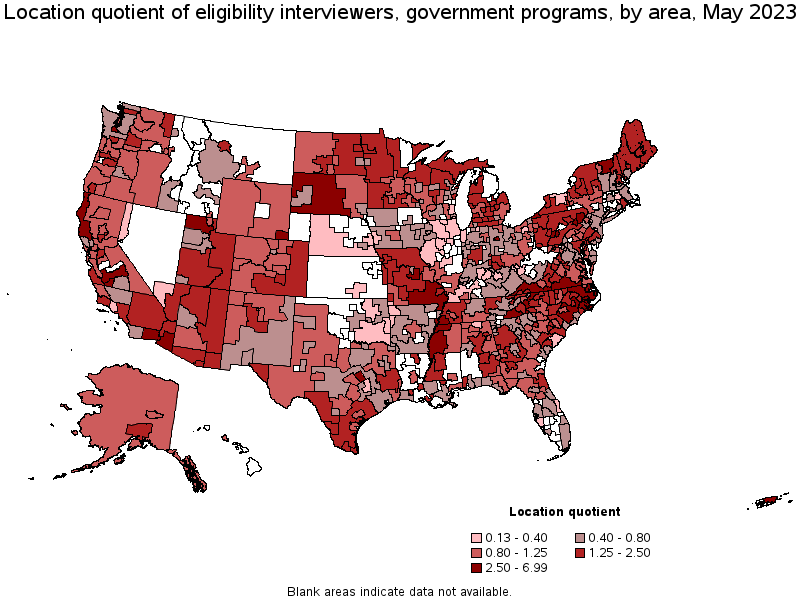 Map of location quotient of eligibility interviewers, government programs by area, May 2021