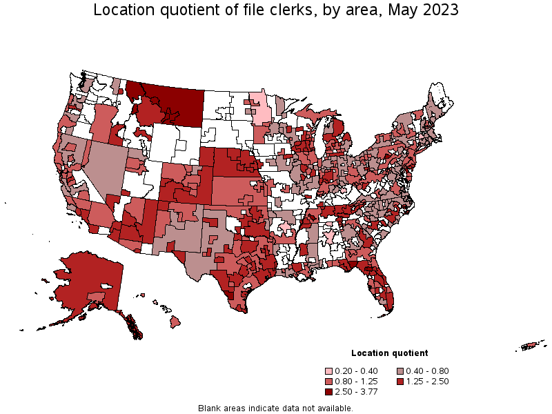 Map of location quotient of file clerks by area, May 2021