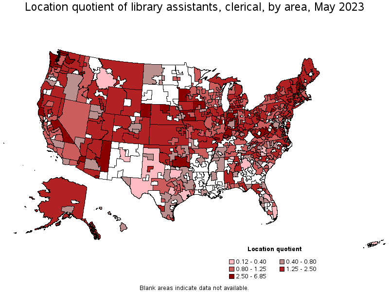 Map of location quotient of library assistants, clerical by area, May 2021