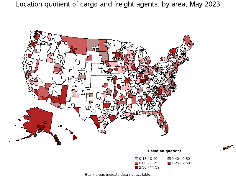 Map of location quotient of cargo and freight agents by area, May 2022
