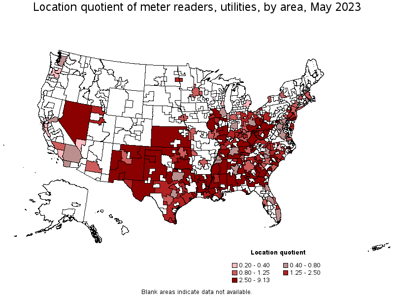 Map of location quotient of meter readers, utilities by area, May 2022