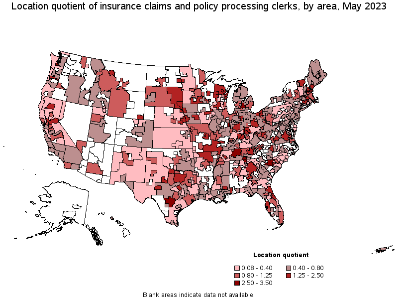 Map of location quotient of insurance claims and policy processing clerks by area, May 2021