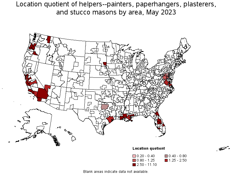 Map of location quotient of helpers--painters, paperhangers, plasterers, and stucco masons by area, May 2022