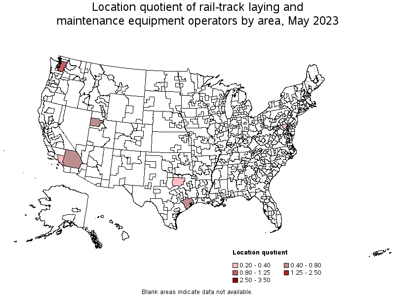 Map of location quotient of rail-track laying and maintenance equipment operators by area, May 2022