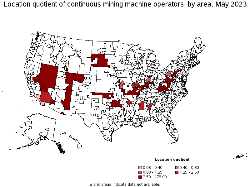 Map of location quotient of continuous mining machine operators by area, May 2022