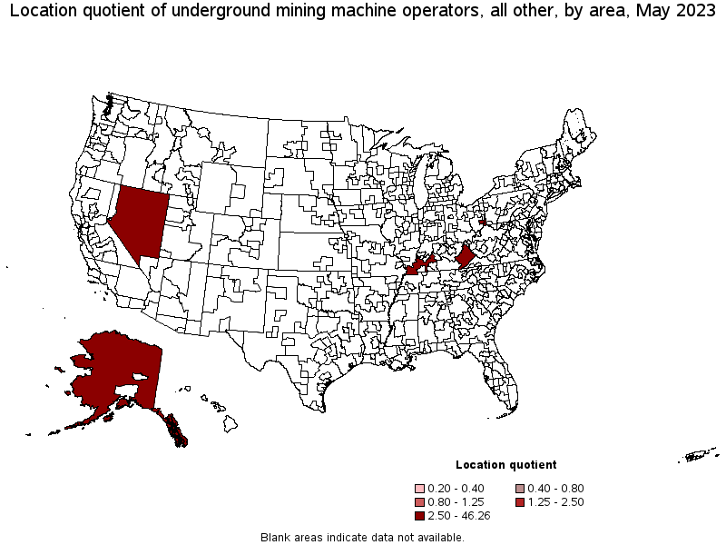 Map of location quotient of underground mining machine operators, all other by area, May 2021