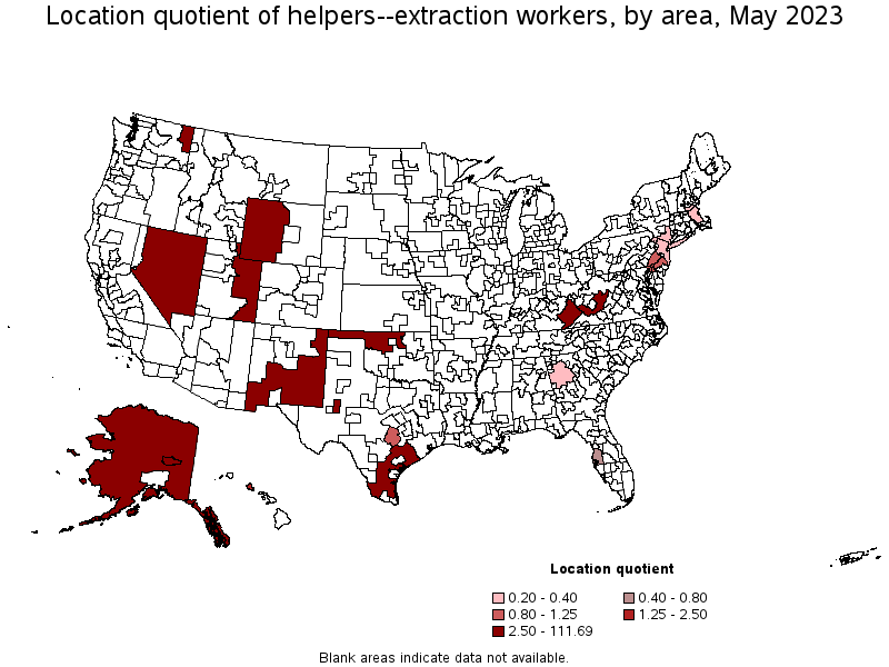 Map of location quotient of helpers--extraction workers by area, May 2022
