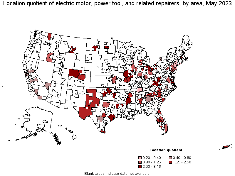 Map of location quotient of electric motor, power tool, and related repairers by area, May 2022
