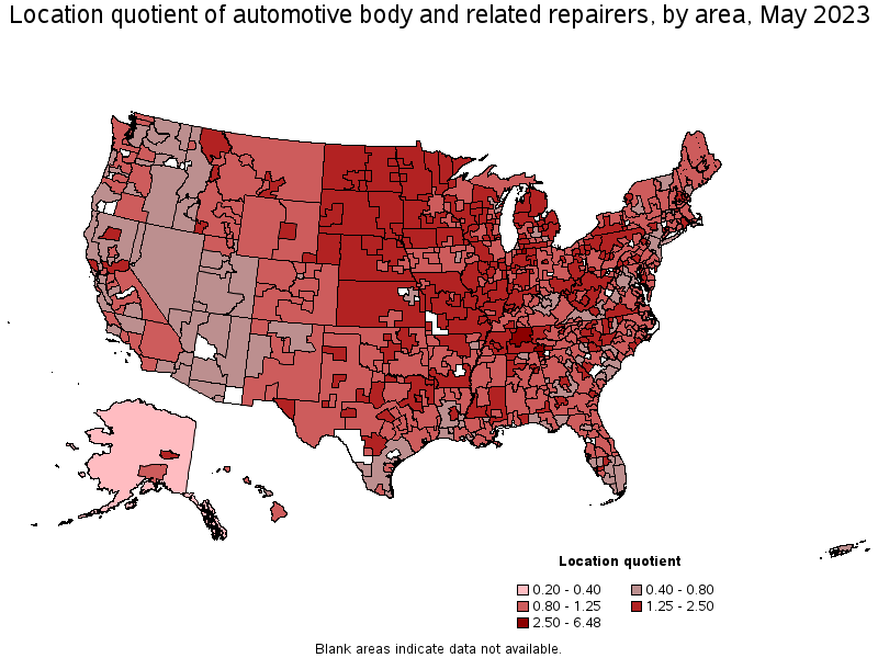 Map of location quotient of automotive body and related repairers by area, May 2021