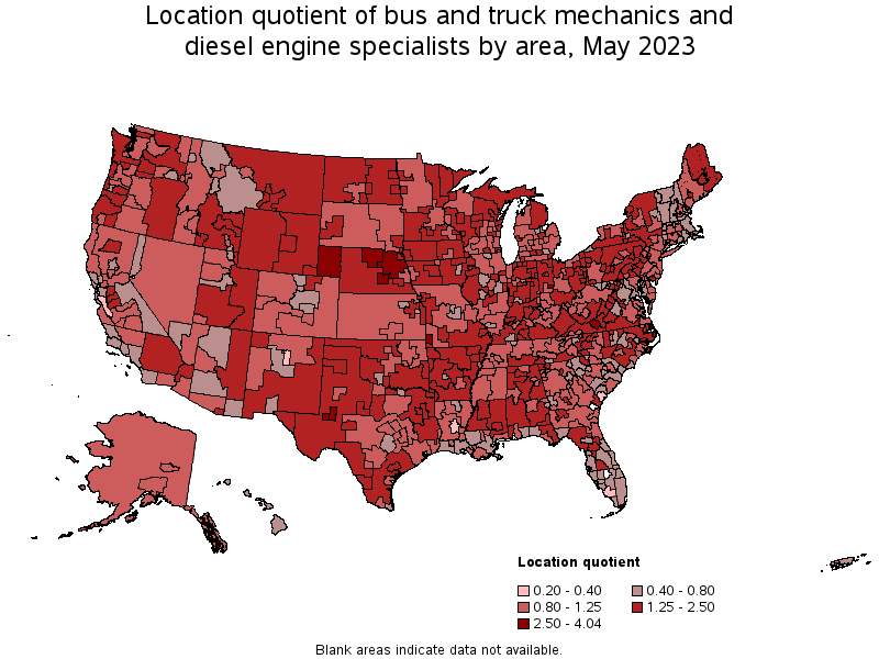 Map of location quotient of bus and truck mechanics and diesel engine specialists by area, May 2021