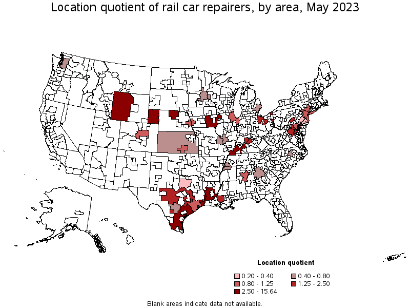 Map of location quotient of rail car repairers by area, May 2021