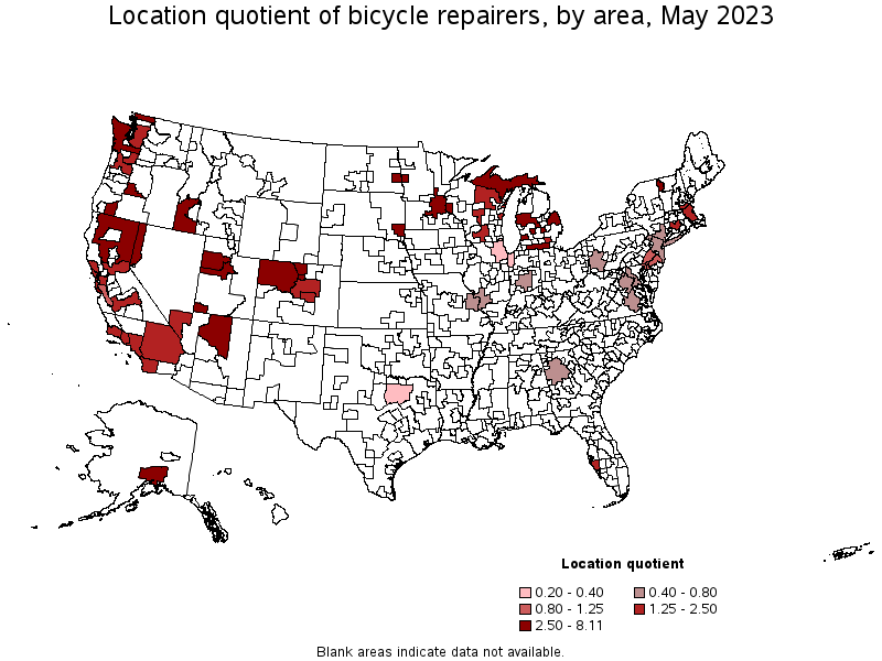 Map of location quotient of bicycle repairers by area, May 2022
