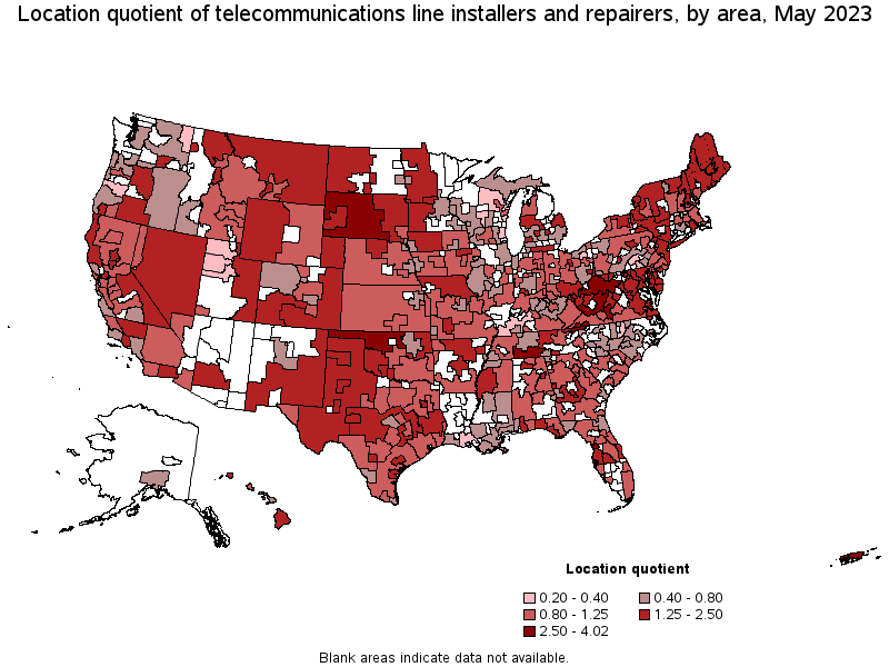 Map of location quotient of telecommunications line installers and repairers by area, May 2021
