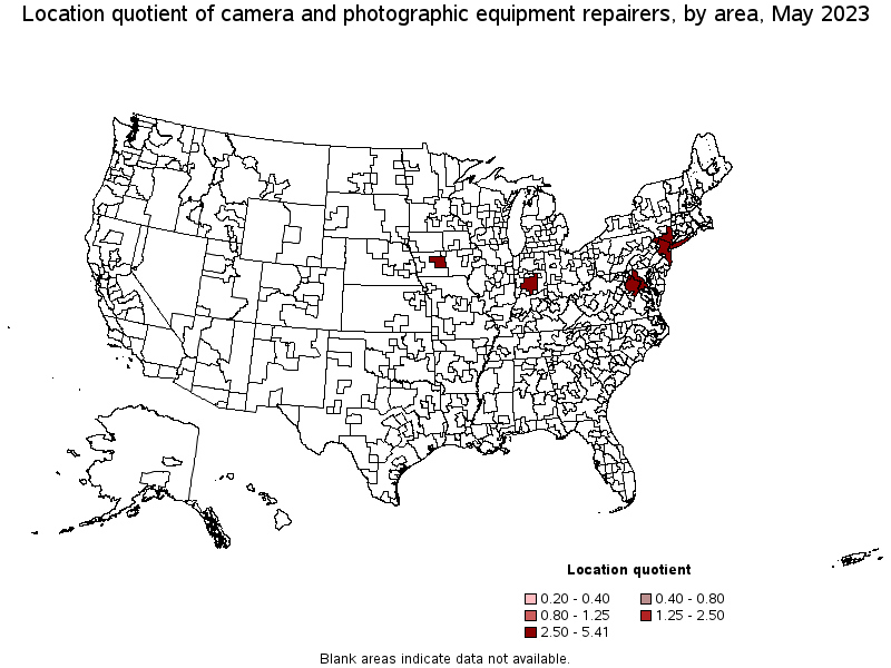 Map of location quotient of camera and photographic equipment repairers by area, May 2021