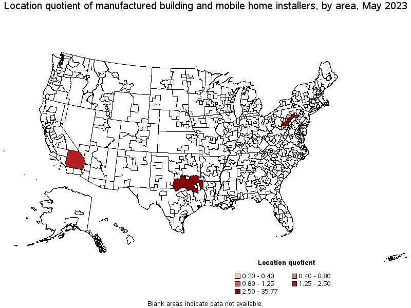 Map of location quotient of manufactured building and mobile home installers by area, May 2022