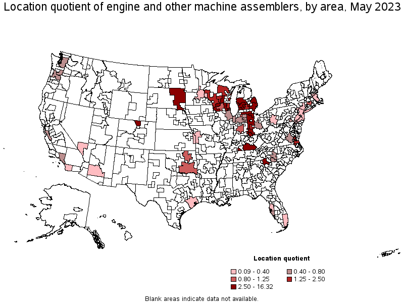 Map of location quotient of engine and other machine assemblers by area, May 2022