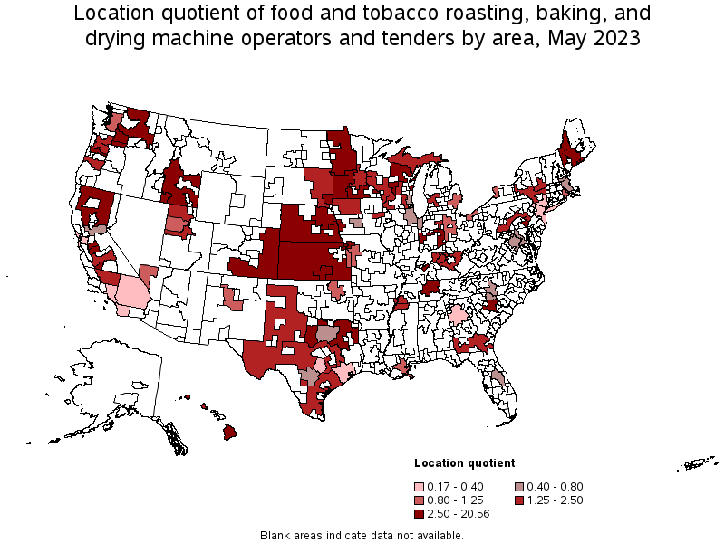 Map of location quotient of food and tobacco roasting, baking, and drying machine operators and tenders by area, May 2022