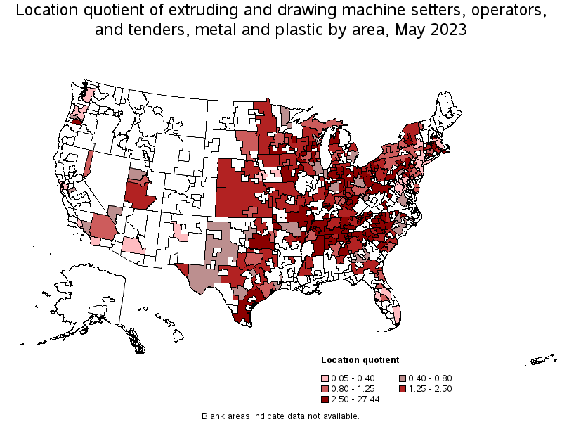 Map of location quotient of extruding and drawing machine setters, operators, and tenders, metal and plastic by area, May 2021